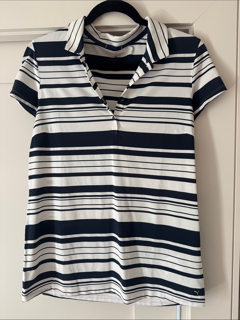 Puma Women's Navy and White Striped Polo Shirt